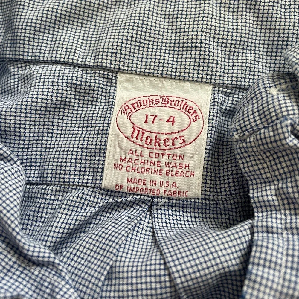 Brooks Brothers Makers Blue White Micro Check Cotton Shirt Made in USA 17-4‎